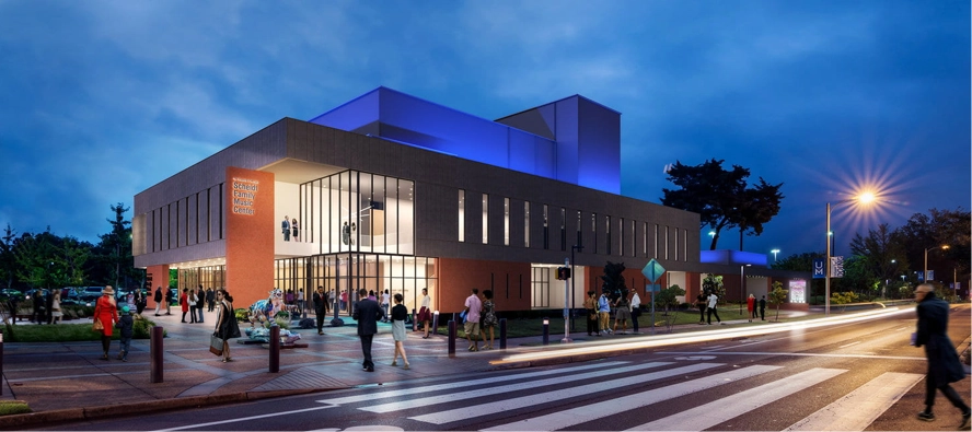 Rudi E. Scheidt School of Music building at night
