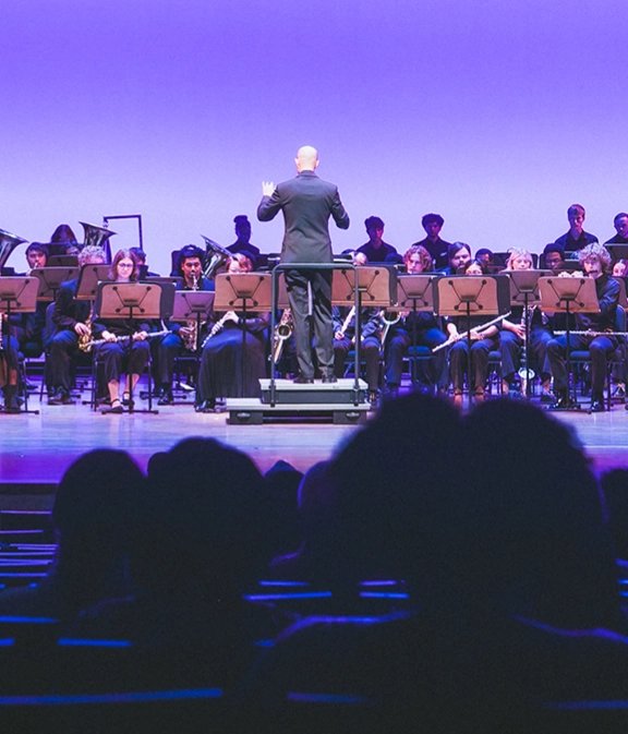 Orchestra performing on stage in front of a seated audience